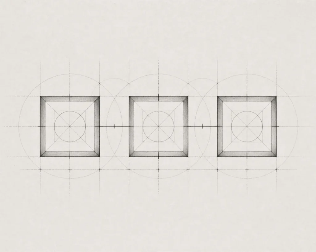Disegno geometrico in bianco e nero con moduli ripetuti in stile architettonico che rappresenta il metodo sopra l’improvvisazione per Athena Company