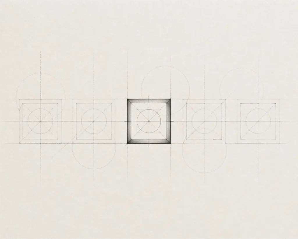 Disegno geometrico in bianco e nero in stile architettonico con una forma centrale evidenziata che rappresenta la selettività per Athena Company