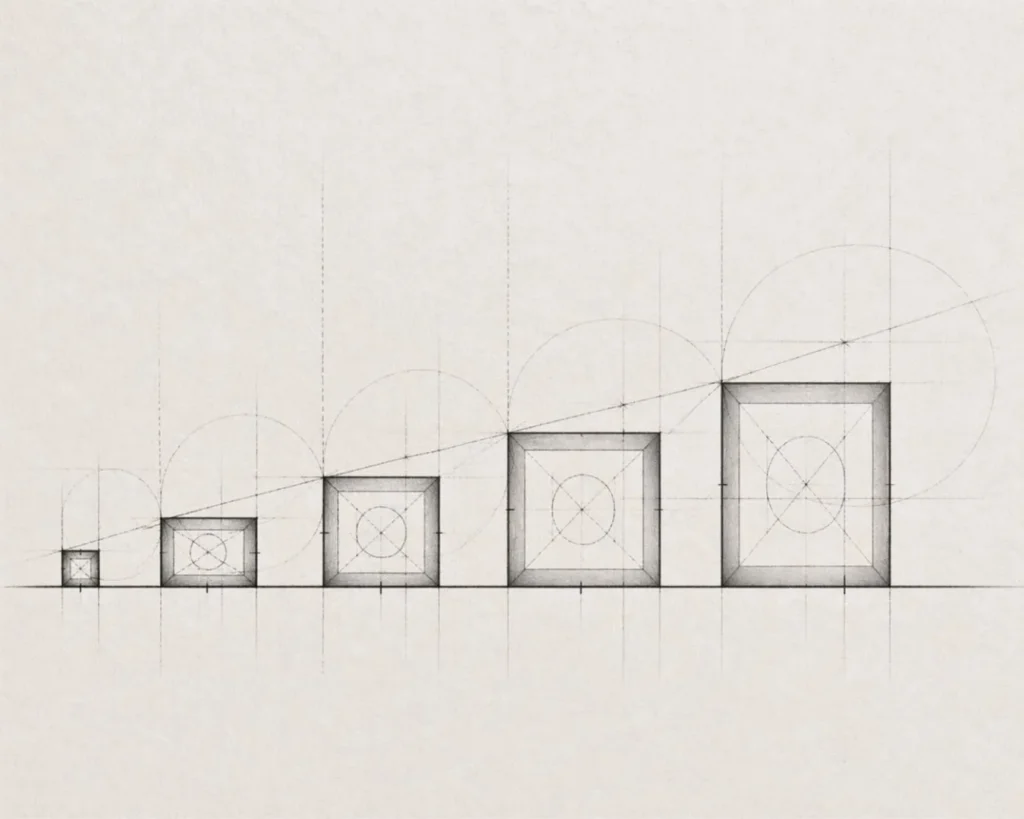 Disegno geometrico in bianco e nero in stile architettonico con progressione misurata che rappresenta la crescita intenzionale per Athena Company