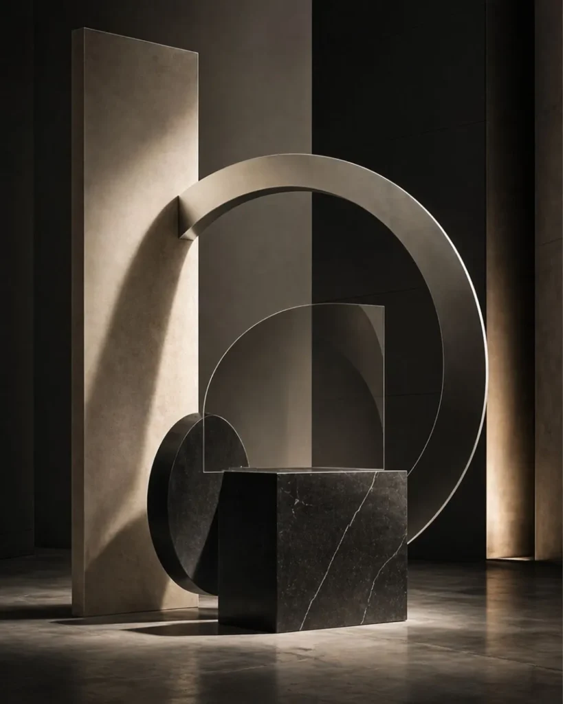 Astrazione editoriale di lusso con geometrie forti e materiali premium, immagine visiva in stile Athena Company