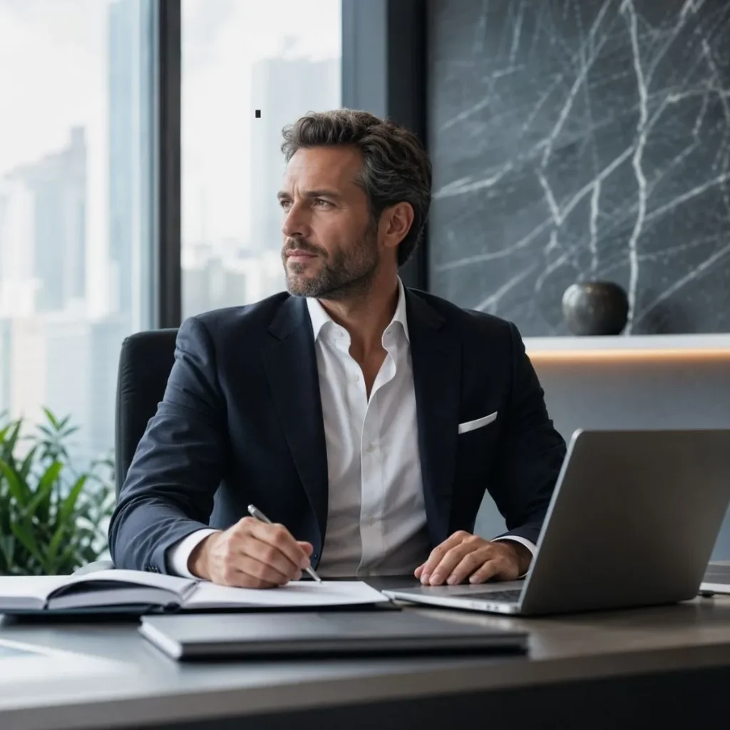 Imprenditore o CEO in fase di crescita in un ufficio professionale elegante, in stile Athena Company.