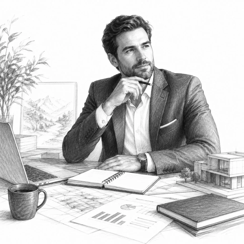 Imprenditore riflessivo alla scrivania che rappresenta il cliente ideale di Athena Company, orientato a chiarezza, guida strategica e crescita solida