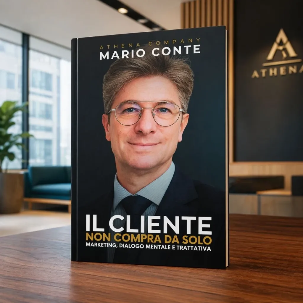 Libro “Il cliente non compra da solo” di Mario Conte in un ufficio professionale Athena Company
