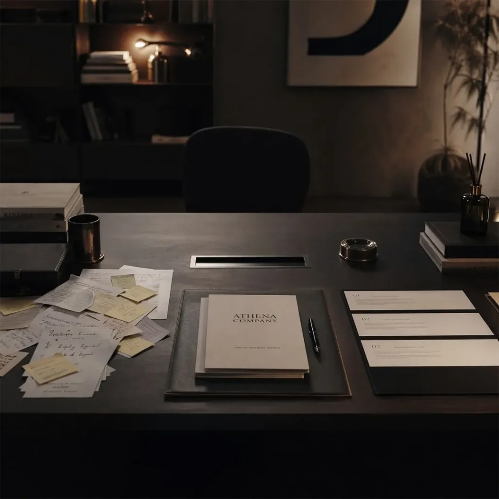 Scrivania executive con documenti ordinati e appunti strategici, immagine che rappresenta chiarezza, metodo e direzione per Athena Company