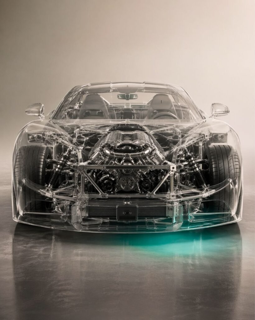 Auto sportiva trasparente con motore in evidenza, immagine concettuale sulla strategia che viene prima dell’estetica per Athena Company