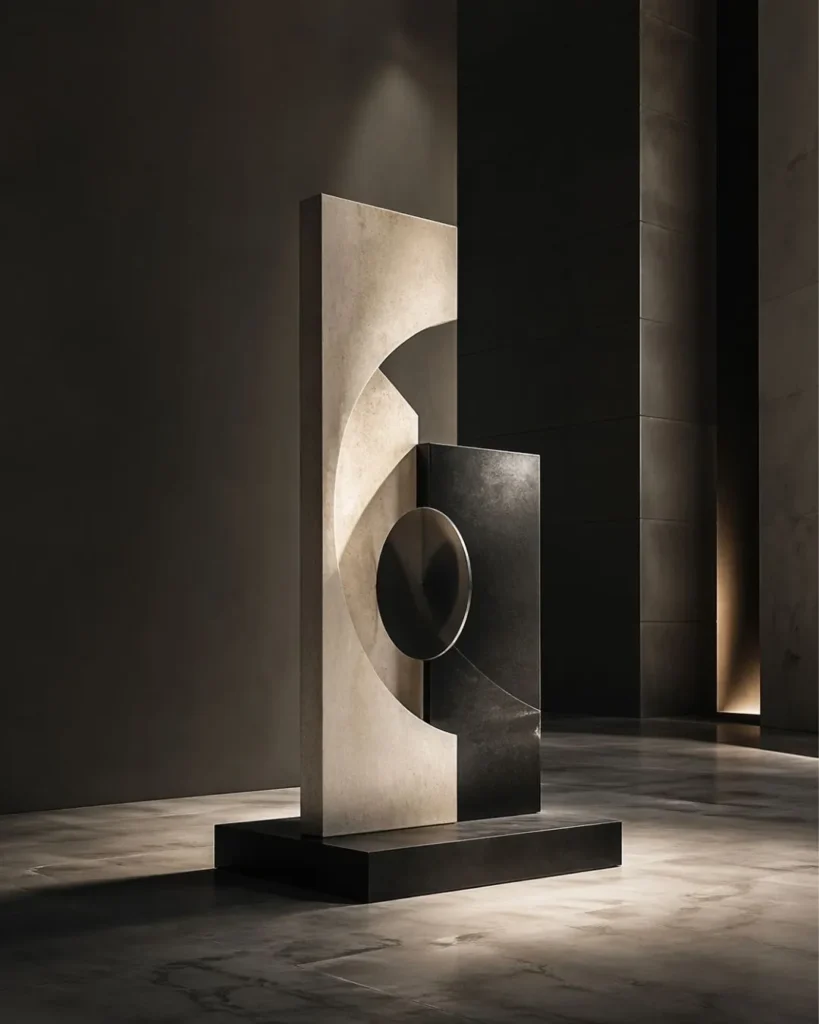 Scultura geometrica contemporanea in ambiente elegante, simbolo di solidità, visione e autorevolezza per Athena Company