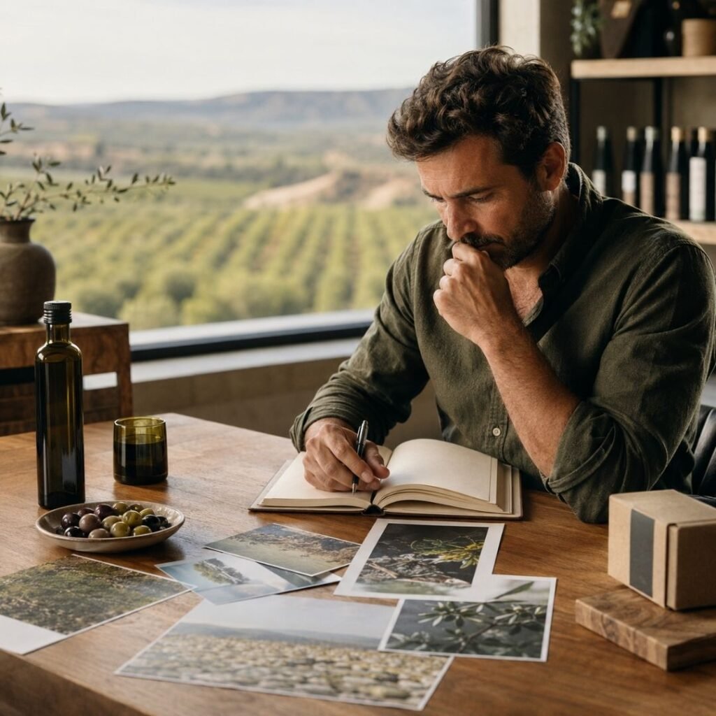 Imprenditore agricolo analizza prodotti, immagini e priorità per definire le decisioni strategiche dell’azienda