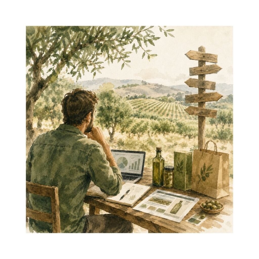 Imprenditore agricolo valuta diverse direzioni per individuare la priorità strategica della propria azienda