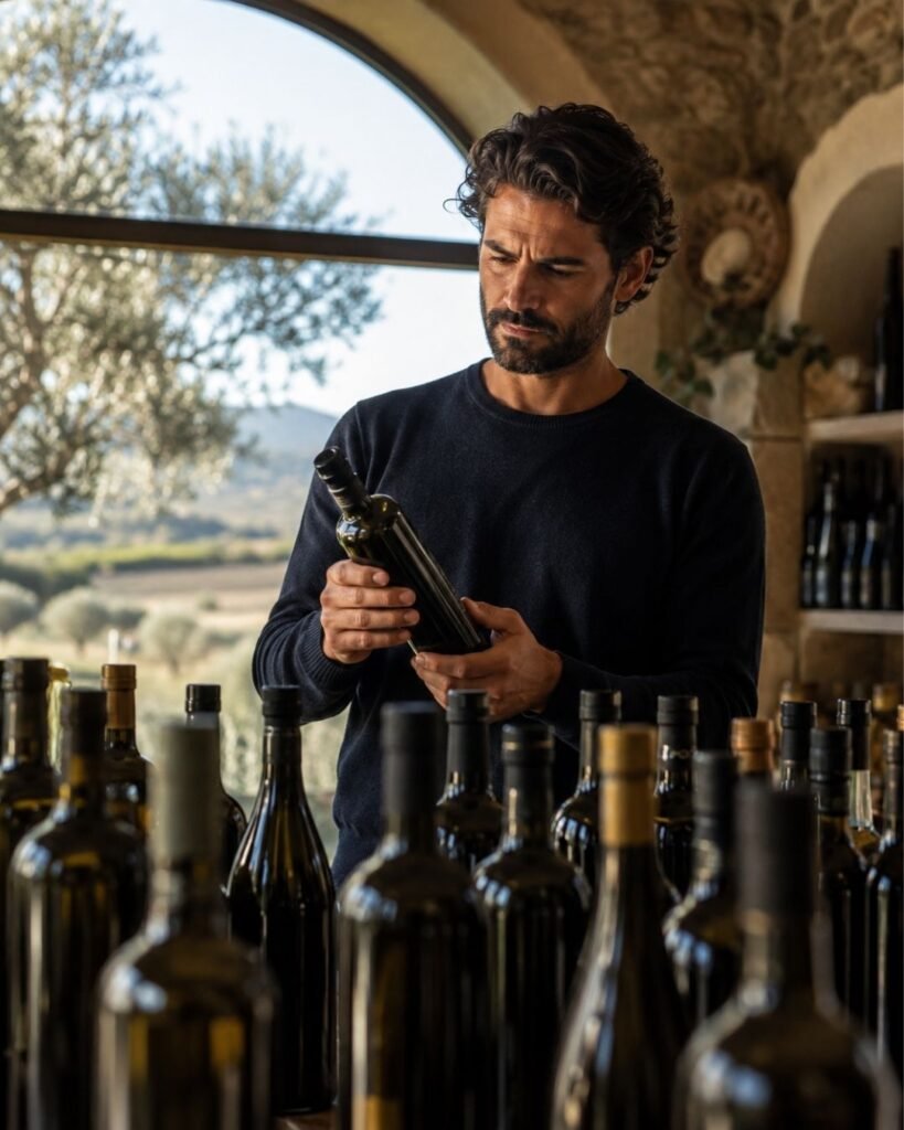 Imprenditore agricolo osserva una bottiglia di olio in un contesto produttivo per valutare il valore percepito del prodotto